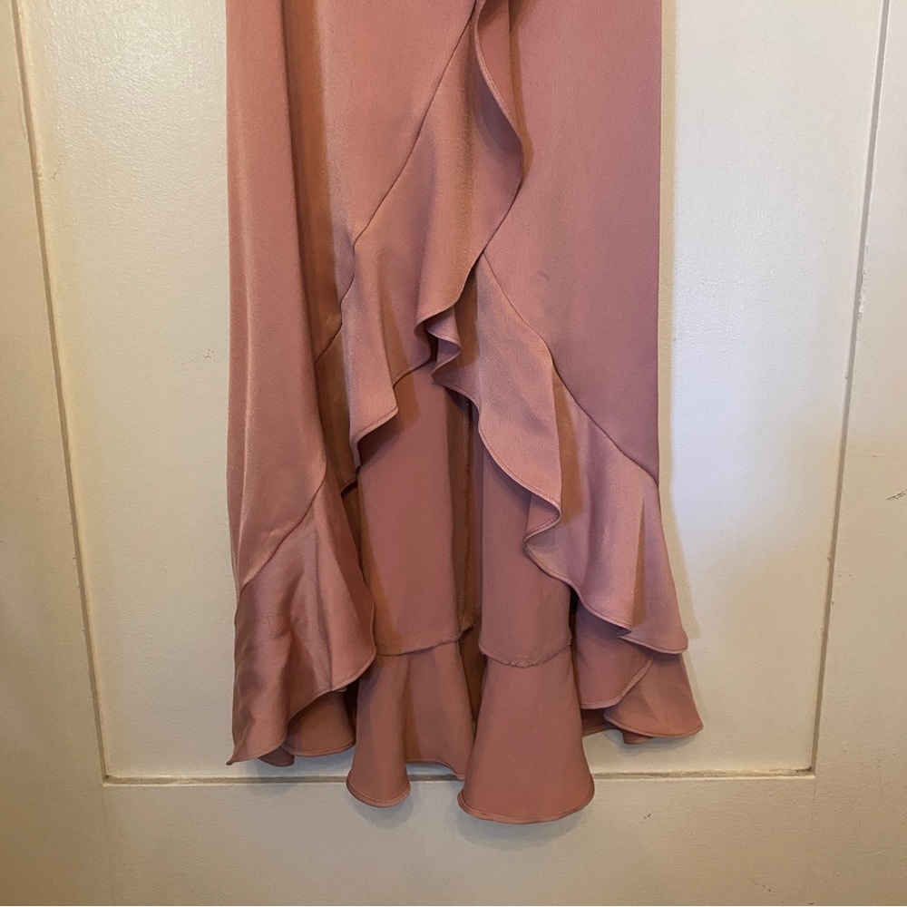 NWOT Flutter Sleeve Crepe Satin Ruffle Bridesmaid Gown Desert Coral David’s - Picture 3 of 7